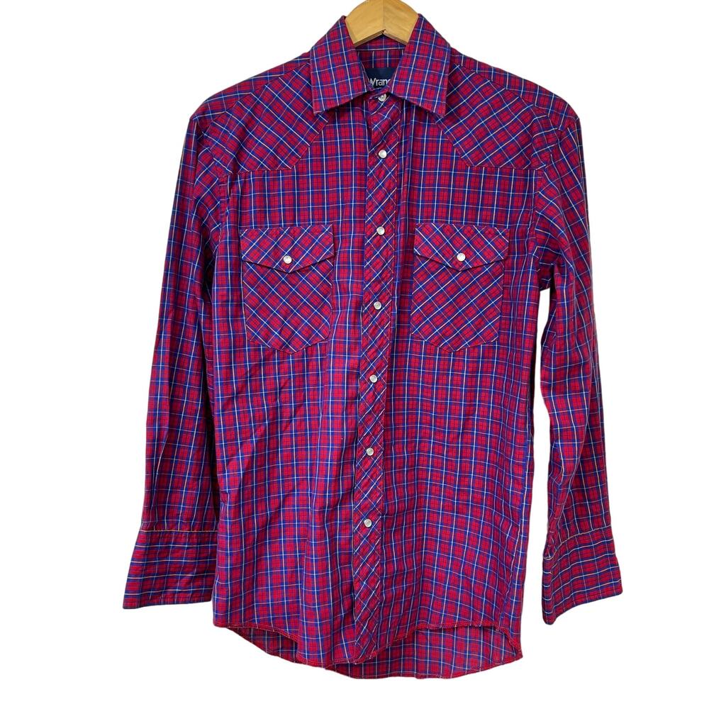 Wrangler Western Shirts 14 1/2 x 33 71125CP Pearl Snap ButtonDown Red/Blue Plaid